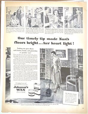 Vtg Johnson's Wax Print Ad 1956 Housewife Housekeeping Black White 1950s Decor